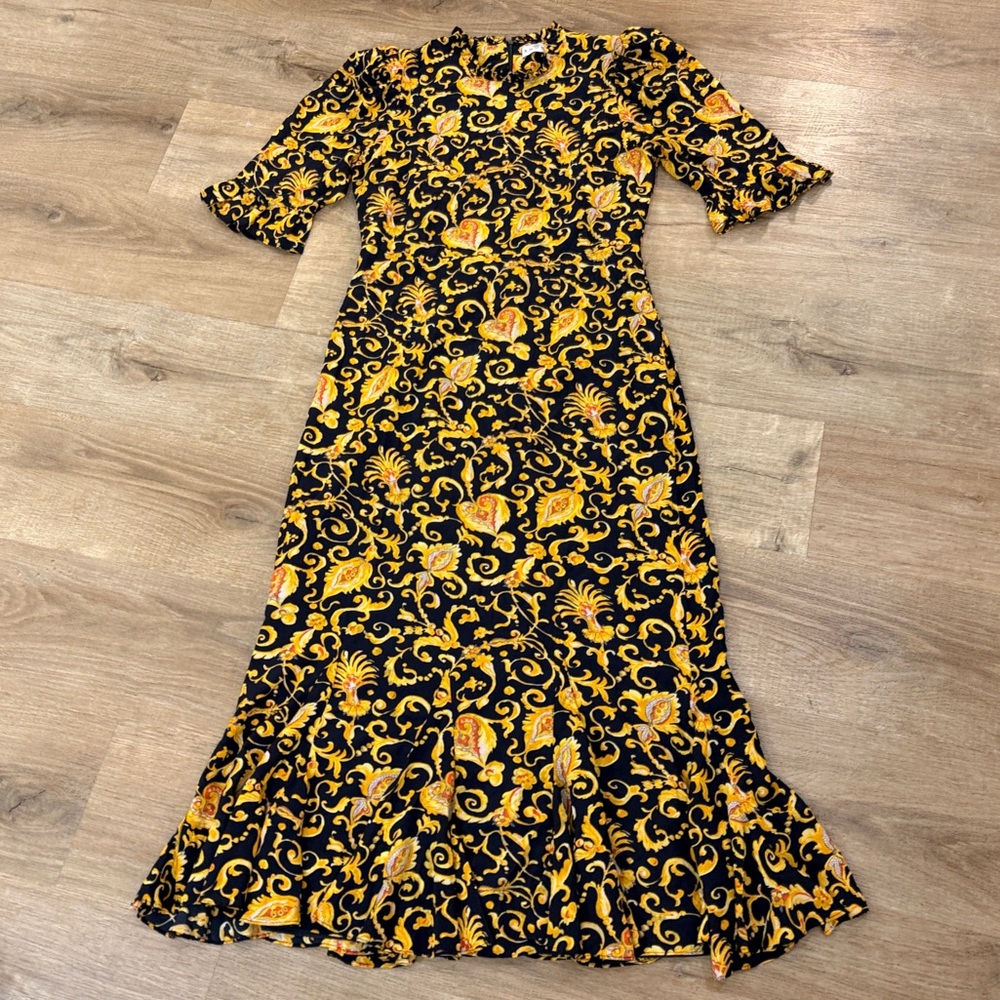 RHODE Felix Dress Black Yellow Gold Patterned Flare Midi - Picture 11 of 14